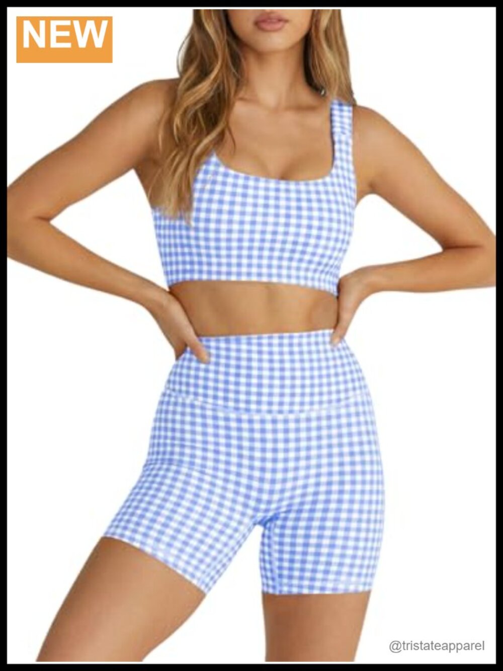 Aoysky Workout Gingham 2 Piece Set Padded Crop Tank Shorts
